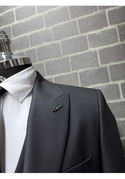 Dupont Classics Erkek Slim Fit 6 Drop Sivri Yaka Yelekli Poliviskon Çift Yırtmaç Takım Elbise Siyah