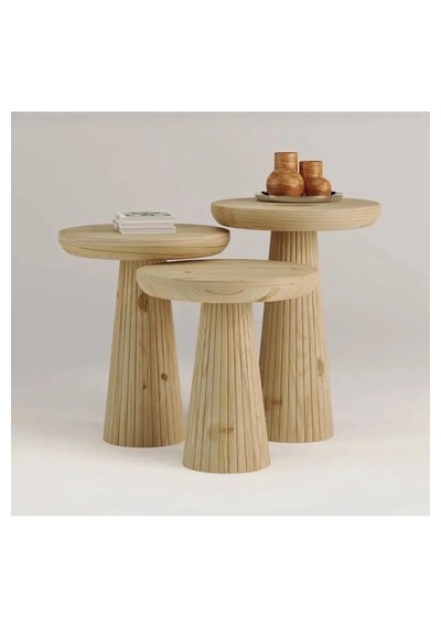 Wood Wooden 3 Lü Set Fitilli Mantar Yan Sehpa Modern Ahşap Renk