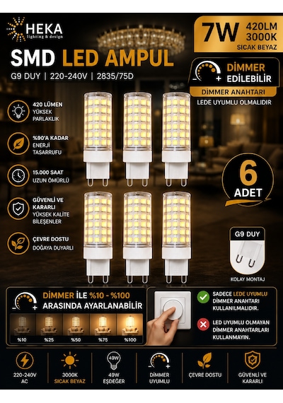 6 Adet Heka 7w Günışığı 3000k G9 Duylu Dim Edilebilir Led Kapsül Ampul
