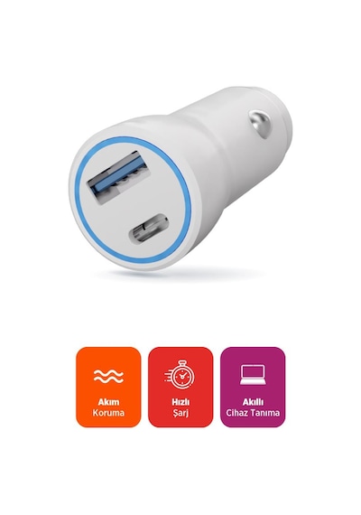 Polosmart Pbs134 Hızlı 1 Usb 1 Pd Çıkışlı 20w Araç Şarjı Beyaz