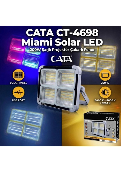 Cata Ct-4698 Miami Solar Led 200w Şarjlı Projektör Çakarlı Fener Gri