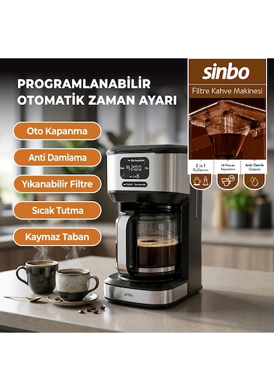 Scm-9042 Otomatik Filtre Kahve Makinesi, 14 Fincan 1.8l Cam Hazne, Taşma Önleyici, Zaman Ayarlı, Yıkanabilir Hazne