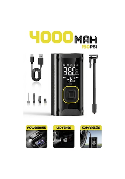 Enshall 4000 Mah Şarjlı Lastik, Bsiklet,oto Hava Kompresörü
