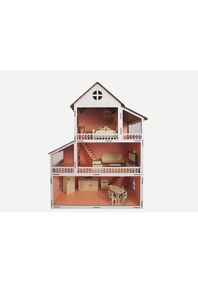Wood Kids Toys Mobilyalı Ahşap Bebek-Çocuk Oyun Evi Seti