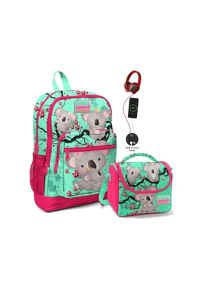 Coral High Okul Çantası Ve Beslenme Çantası Seti - Kız Çocuk Yeşil Koala - Usb Soketli