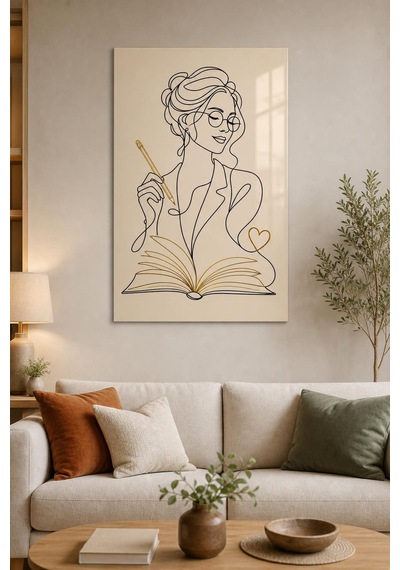 Kitap Okuyan Kadın Baskılı Cam Tablo Minimalist Çizgi Sanatı Uv Baskı