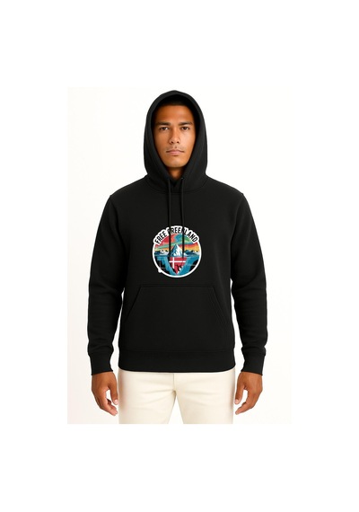 Bahriyeli Collection Kapüşonlu Özgür Grönland Göğüs Baskılı Unisex Sweatshirt Siyah
