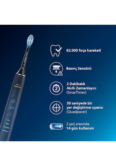 Philips Sonicare Diamond Clean 9000 Şarjlı Diş Fırçası,Seyahat Kabı,Sonicare App - Siyah HX9911/88