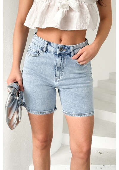 HLT Jeans Kadın Açık Mavi Kar Efektli Mom Fit Yüksek Bel Likralı Jean Kot Şort Lily-mavikar