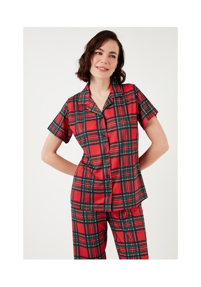Lela Desenli Kısa Kollu Beli Lastikli Gömlek Yaka Dokuma Regular Fit Bayan Pijama Takımı 6571010 Kırmızı-Siyah