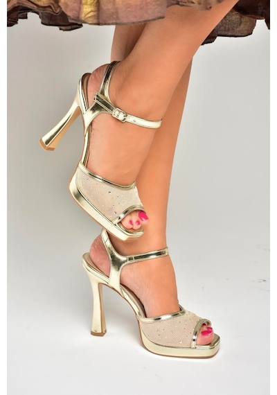 Fox Shoes U569921409 Altın File Detaylı Kalın Topuklu Abiye Ayakkabı Altın