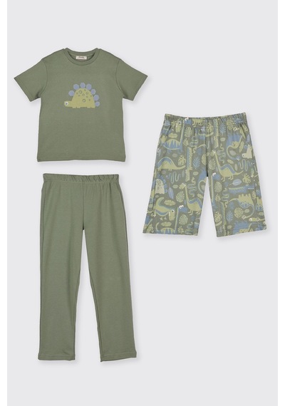 Panço Erkek Çocuk Baskı Detaylı Yeşil 3'lü Pijama Takım