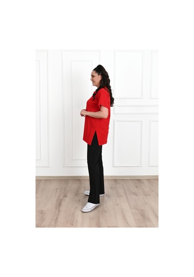 Kadın Bisiklet Yaka Yırtmaç Detaylı Büyük Beden Tshirt 9633-22 001