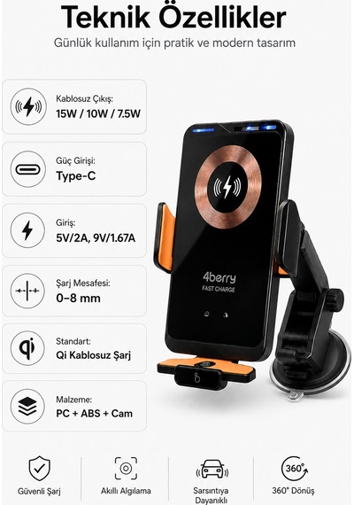 66w Manyetik Hızlı Şarjlı Kablosuz Araç Telefon Tutucu Otomatik Sensörlü, Vantuz Ve Klima Klipsli Siyah