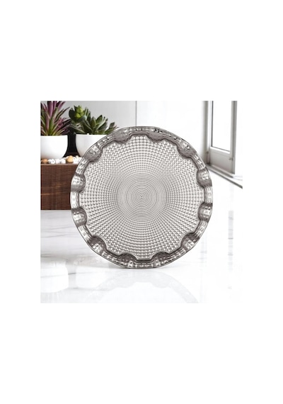 Osmanlı Motifli Yuvarlak Metal Servis Tepsisi 2 Kişilik Sunum Tepsisi, 25 Cm, 260 G, Gold Ve Gümüş Renk Seçeneği Gümüş Grisi