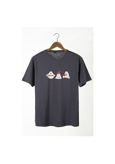Erkek Antrasit Cadılar Bayramı Baskılı Bisiklet Yaka Oversize Rahat Kalıp Basic T-shirt Gri