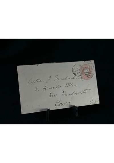 İngiltere Klasik Dönem 1879 Victoria Dönemi Pink Penny Kendinden Pullu Antiye Zarf Varış Damgalı