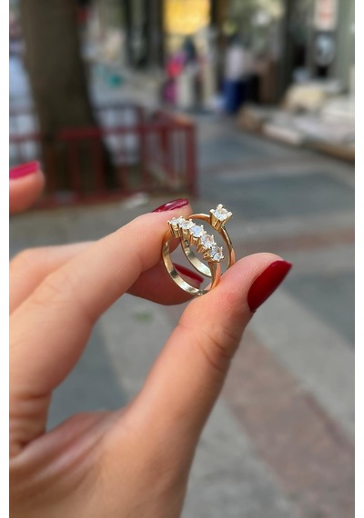 Gümüş Altın Kaplama 3mm Taşlı Beş Taş Tek Taş Yüzük Gümüş