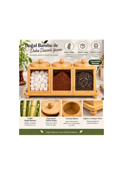 3 Lü Doğal Bambu Baharatlık Çay Şeker Kahve Saklama Kabı Stand Tepsili Kapaklı Mutfak Organizer Seti Kahverengi