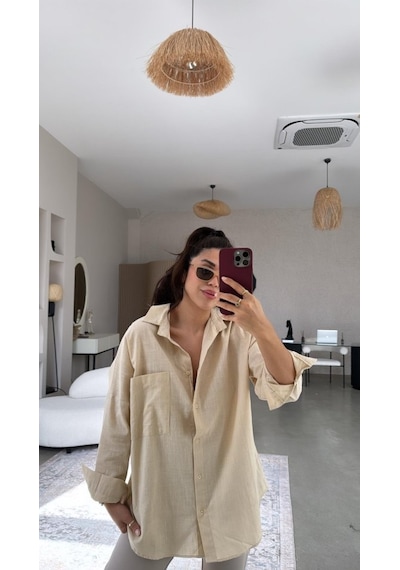 Etiler Collection Kadın Tek Cepli Over Size Ketem Gömlek Vizon