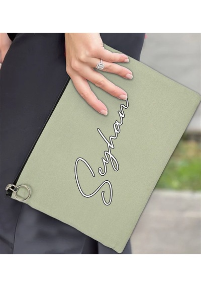 Bk Gift Kişiye Özel İsimli-6 Astarlı Mint Yeşili Portföy Çanta 30x21cm, Baskılı El Çantası, Organizer Çanta