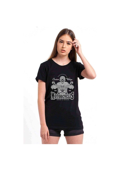 American Moto Costum Vintage Baskılı Siyah Kadın Tshirt