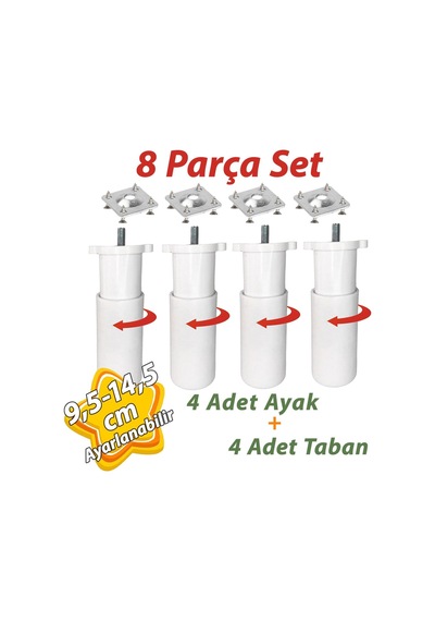4 Adet Destek Ayağı 9,5-14,5 Cm Beyaz Ve 4 Adet Metal Düz Ayak Tabanı M8 Civatalı İnce Diş Mobilya Kanepe Baza Koltuk Seti