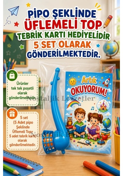 5 Set Yeni Okumayı Öğrenen Öğrencilere Hediye Artık Okuyorum Yazılı 1. Sınıf Hatırası Pipo Şeklinde Üflemeli Top Tebrik Kartı Hediyeli