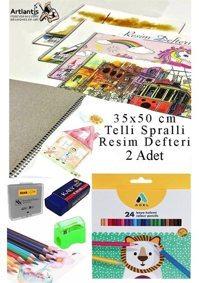 24 Renk Kuru Boya Adel 35x50 Cm Telli Spralli Resim Defteri Hamur Silgi Kalemtraş 15 Yaprak Resim Defteri Kuruboya Çok Renkli