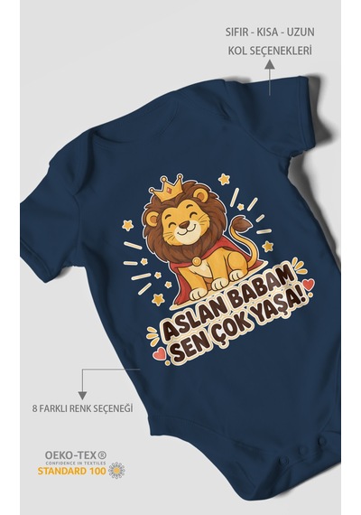 Morivokids Aslan Babam Sen Çok Yaşa Kısa Kollu Bebek Body %100 Pamuk Lacivert