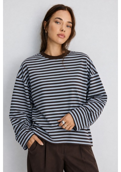Hiccup Bıpantolon Kadın Oversize Çizgili Bisiklet Yaka Sweatshirt Mavi