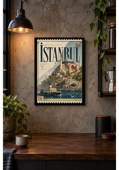 Tarihi Şehir Ve Vapur İllüstrasyonu Desenli Dekoratif Mdf Tablo, Çerçeve Görünümlü Ahşap Poster