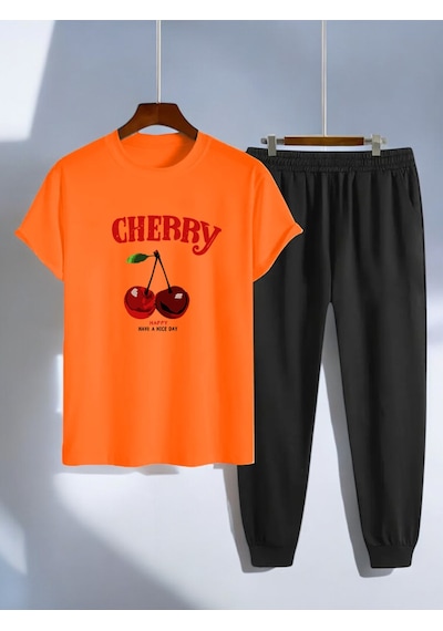 Uyguntarz Unisex Happy Cherry Tasarım Basklı Tshirt Eşofman Takımı Turuncu