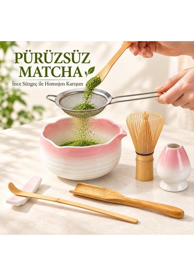 Valkyrie 7 Parça Matcha Seti Chasen Çırpıcı Chawan Kase Chashaku Kaşık Süzgeç Ve Stand Pembe
