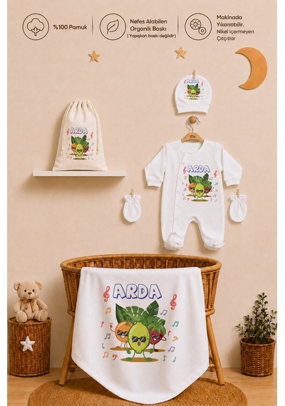 Pia Baby Erkek Bebek İsimli Hastane Çıkışı 6 Parça Tulum Şapka Eldiven %100 Pamuk Hediye Seti 2010tybk0x Krem