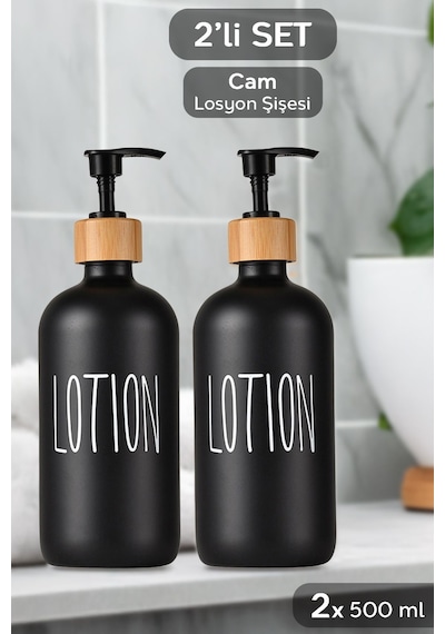 2 Adet Banyo Sıvı Sabunluk - Cam Losyon Şampuan Şişesi 500 Ml - Siyah
