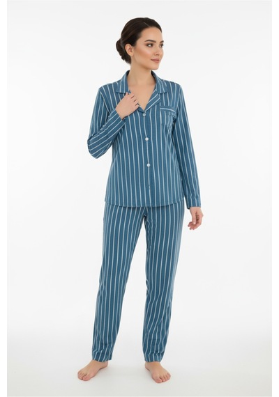 Luxury Viscose Petrol Mavi Çizgili Kadın Uzun Kollu Pijama Takımı 42552 Mavi