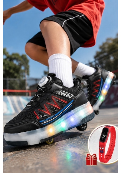 Muggo Skate Çocuk Işıklı Patenli Tekerlekli Sneaker Spor Ayakkabı Siyah - Kırmızı