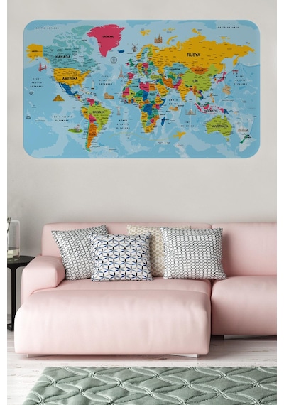 Türkçe Eğitici Ülke Ve Başkent Okyanus Detaylı Atlası Dünya Haritası Duvar Sticker -60x105-3864 - Renkli Çok Renkli