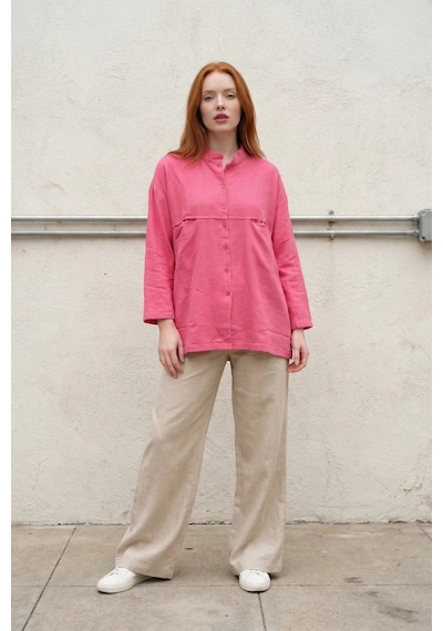 Hiccup My Fashıon Oversize Uzun Kollu Keten Karışımlı Gömlek Parlak Pembe
