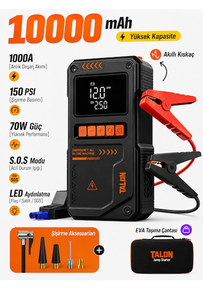 Araç Akü Takviye Cihazı 4in1 Powerbank/hava Kompresörü/fener Işık 10.000 Mah 150psı