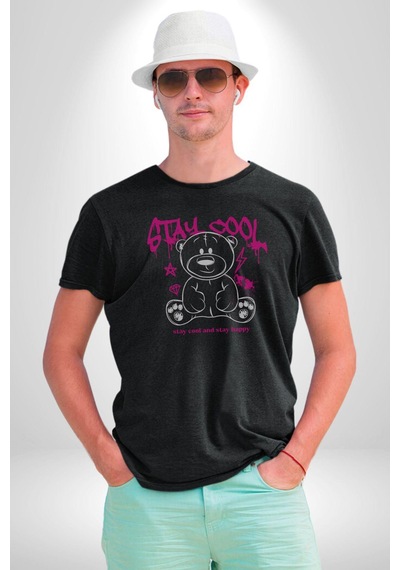 Serin Ve Mutlu Kal Unisex Unisex Siyah Organik Baskılı T-shirt Penye Yüksek Kalite Siyah