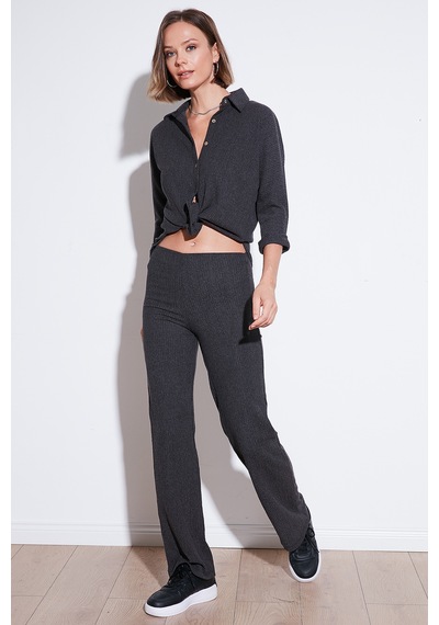Lela Slim Fit Yüksek Bel Geniş Paça Dokulu Bayan Pantolon 5865944 Antrasit