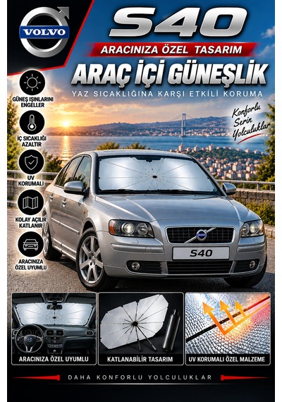 Volvo S40 Araç Ön Cam Güneşliği Katlanabilir Şemsiye Oto Güneşlik Uv Korumalı Gölgelik Araba Oto Şemsiyesi