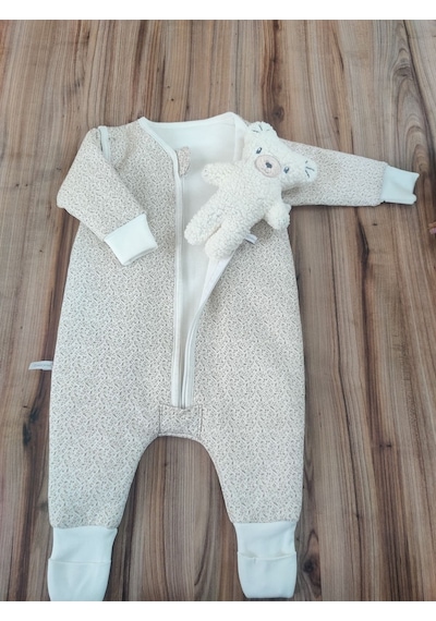 Tomuycuk Kışlık Bebek Çocuk Uyku Tulumu %100 Pamuklu Fermuarlı Ayaklı Uyku Arkadaşı 1 -2 2-3 3-4 Yaş Bej