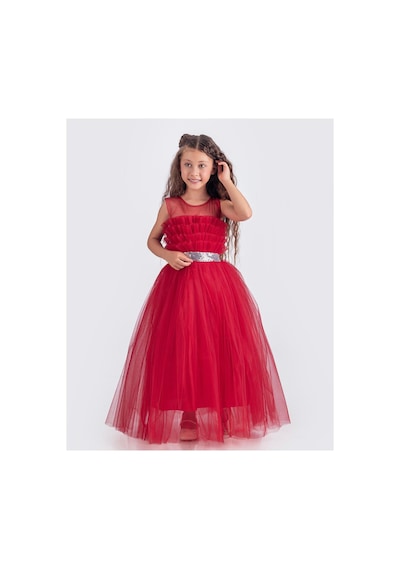 Mnk Baby & Kids Sapes Model Sırt Gipeli Tüllü Kız Çocuk Askılı Saten Abiye Mnk0618 Kırmızı