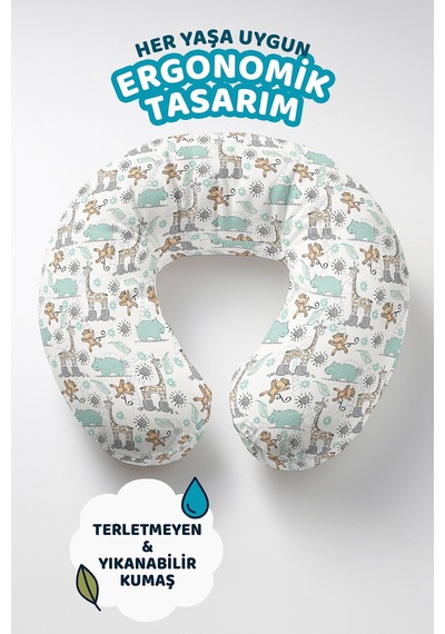 Sevimli Safari Hayvanları Pamuklu Boyun Yastığı - Çocuk & Yetişkin Mint Yeşili Bej Seyahat Yastığı Soluk Kumlu Koyu Gri