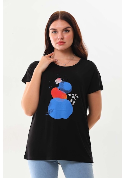 Sistas Kadın Desenli Kısa Kol Penye Bluz 23003 Siyah