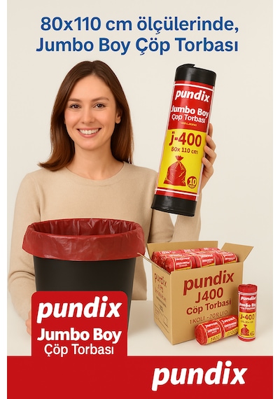 Pundix Pundıx J400 Endüstriyel Çöp Poşeti 80x110 Cm Siyah Jumbo Boy Kalın Seri 1 Koli 20 Rulo / 200 Adet Dayanıklı, Sızdırmaz Ve Geniş Hacimli Çöp Torbası