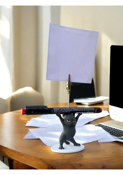 Antrasit Renk Kalem Tutabilen Dansçı Kedi Fotoğraf Not Tutacağı Ofis Masası Hediyelik Turuncu